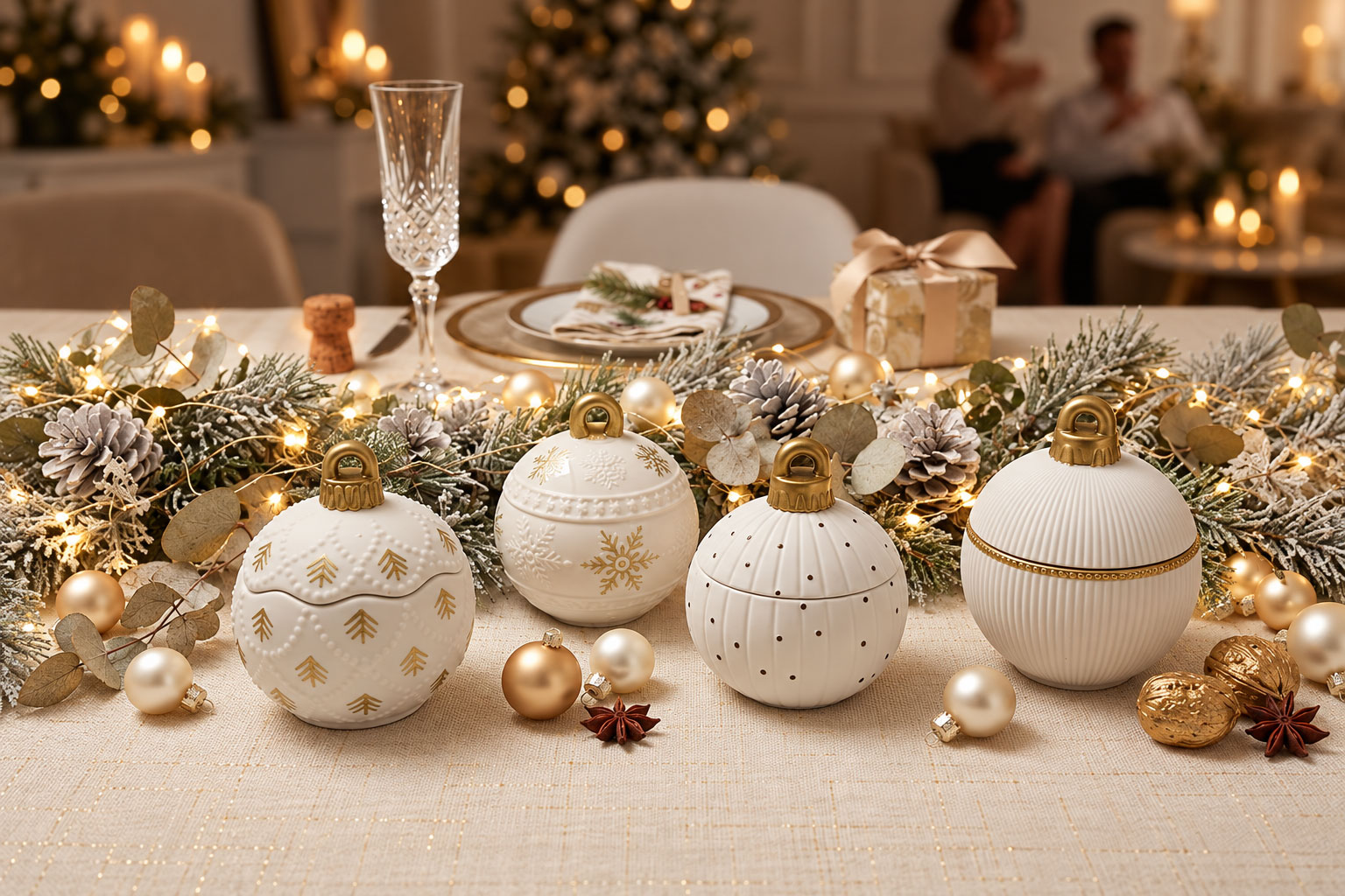Lot de 4 bougies-boules de Noël Izzmeo, finition dorée, sur une table de Noël